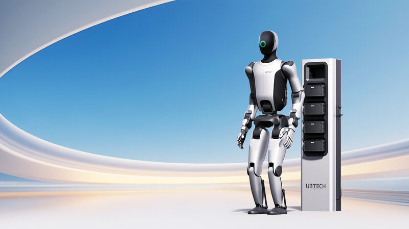 UBTech Walker S2 humanoid next to its battery-swap station