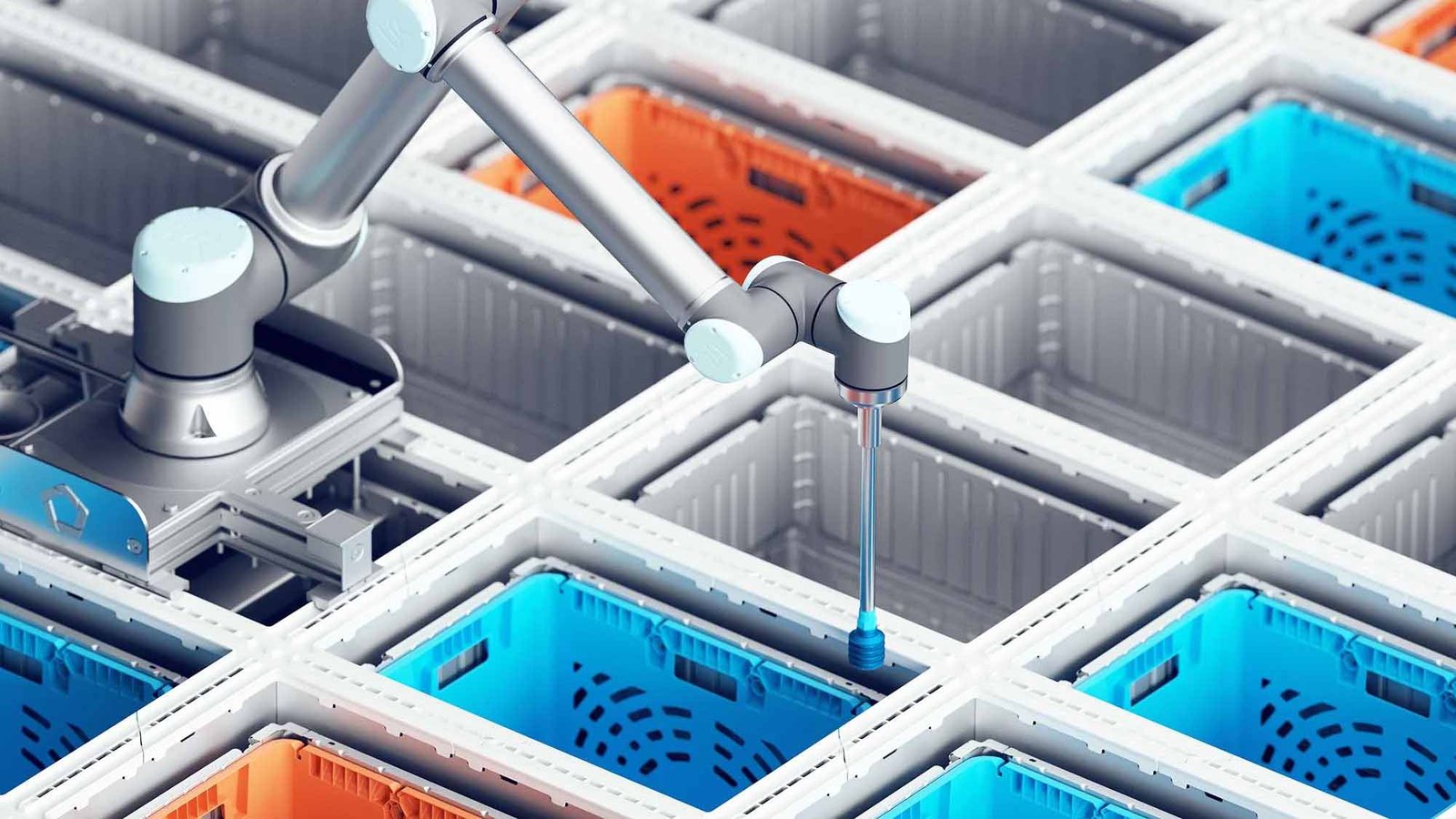 Illustration of an Ocado robotic arm picking from storage crates on a warehouse grid